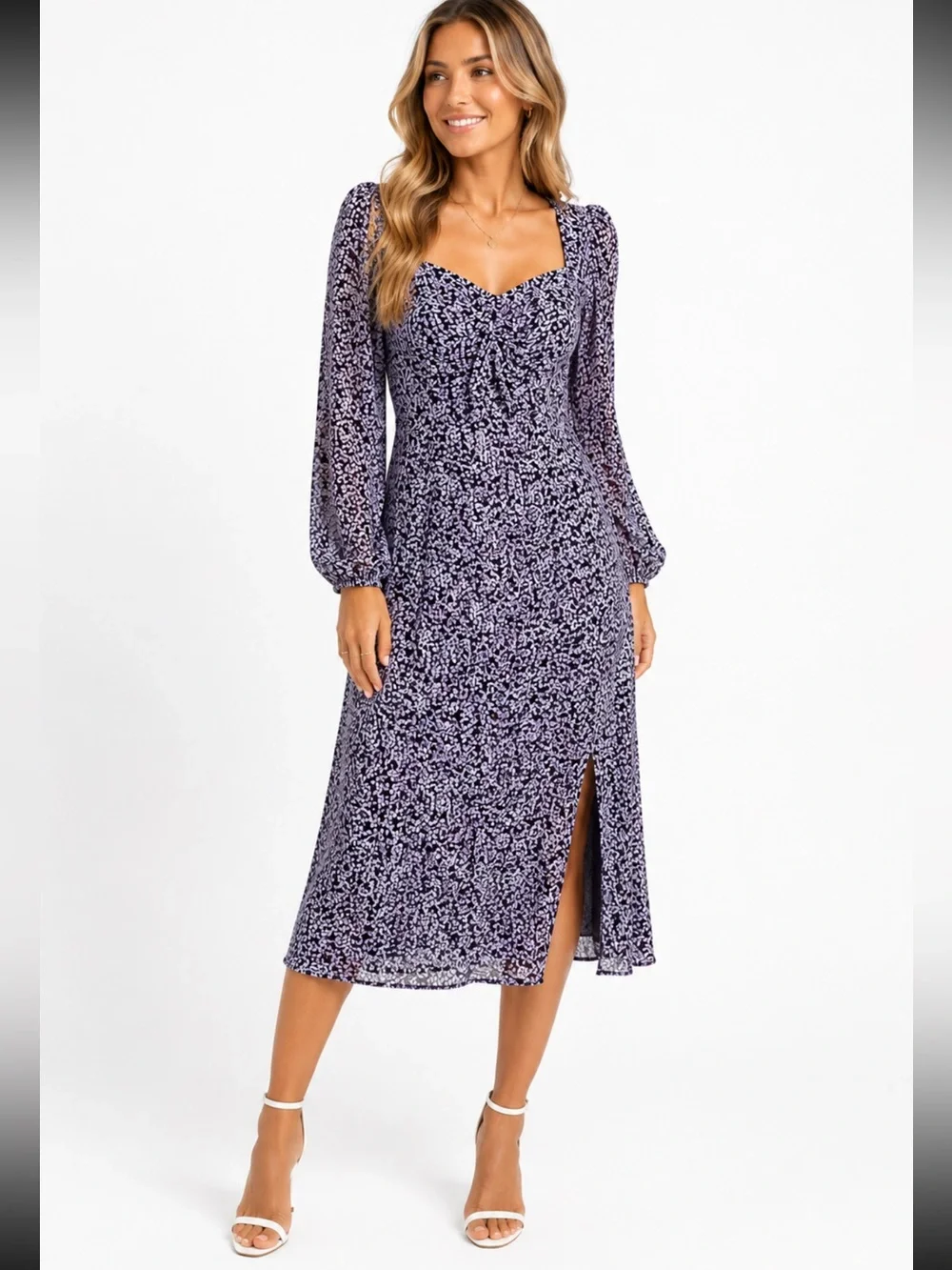 H&M Black Purple Floral Long Sleeve Midi Dress Side Slit Women’s Large